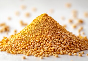 Fine yellow spice powder and seeds arranged aesthetically on a clean surface for culinary and food styling purposes, inviting creativity in cooking