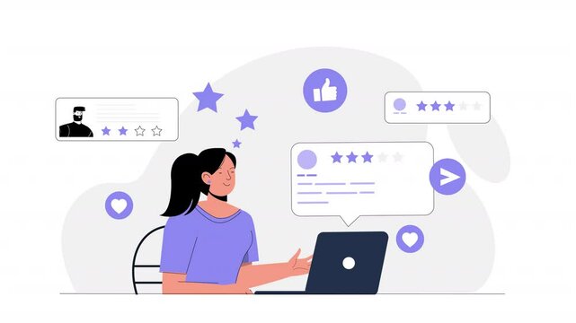 Vector character scene animation showing characters giving reviews, rating services, and products online, with businesses taking actions based on this feedback to enhance customer experiences.