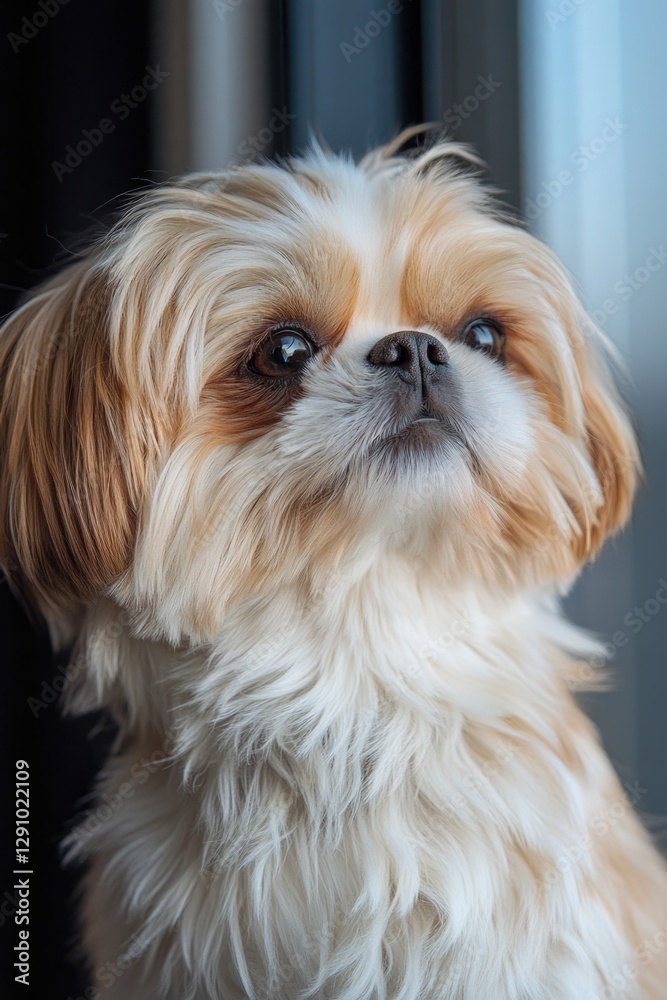 Poster close-up shot of a dog gazing upwards, suitable for use in pet-related or emotional context