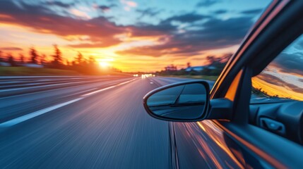 Golden hues blend into deep blues as the sun sets behind the horizon. A car races down an open highway, reflecting the beauty in its rearview mirror amidst the vibrant sky