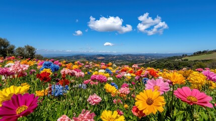 Fototapeta premium Expansive view of vibrant rolling hills adorned with colorful wildflowers under a clear blue sky
