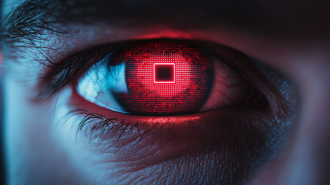 Futuristic biometric eye scanner with neon interface and digital elements