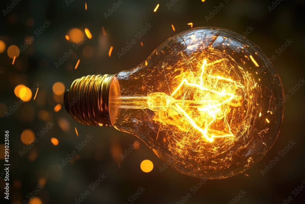 Poster a close-up shot of a glowing light bulb with sparks emitting from it, useful for illustrating innova