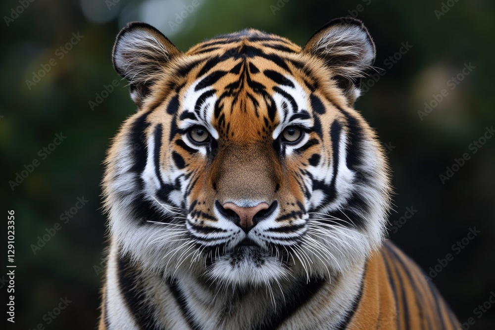 Poster a close-up shot of a tiger's face with trees in the background, suitable for wildlife or nature-them