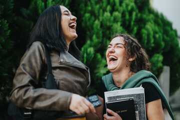 Two young women joyfully laughing, sharing a moment of happiness and connection outdoors.