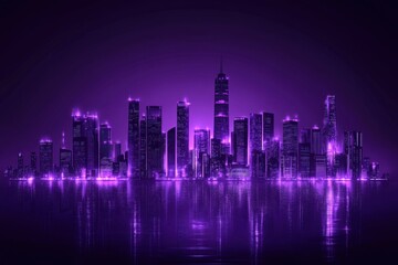 Neon purple city skyline reflected in water at night