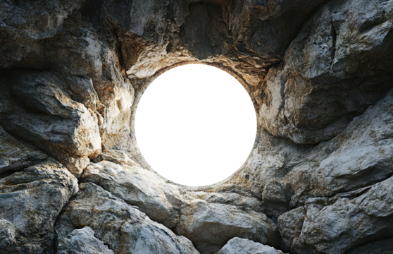 Circular hole in rocky cave with bright light, isolated on transparent cutout background