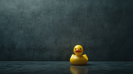 Yellow rubber duck on reflective surface in dark room