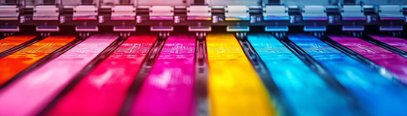 Vibrant ink colors flowing in printing press, showcasing spectrum of hues