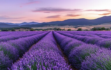 Fototapeta premium Rolling lavender fields in full bloom under a pastel evening sky