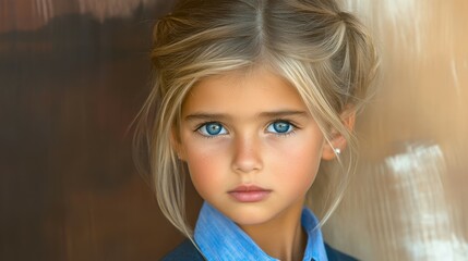 A young girl with captivating blue eyes showcases confidence while wearing a polished outfit. Soft lighting enhances her features and adds to the elegant atmosphere