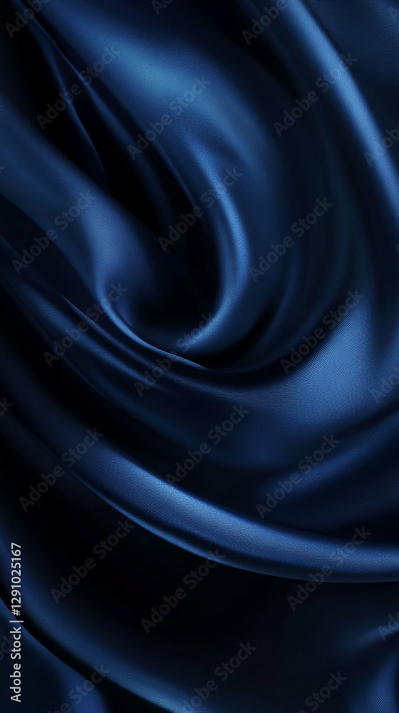 Poster close-up of deep blue satin fabric with soft folds and light reflections, showcasing smooth texture 