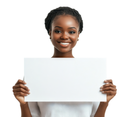 Smiling African woman holding blank white sign, isolated on transparent cutout background