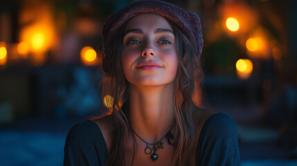 Fototapeta premium Dreamy Gaze: A woman with a serene expression gazes towards the camera. Surrounded by warm, soft lighting, the image evokes a sense of peace and introspection.