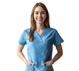 Smiling female nurse in blue medical uniform, isolated on transparent cutout background