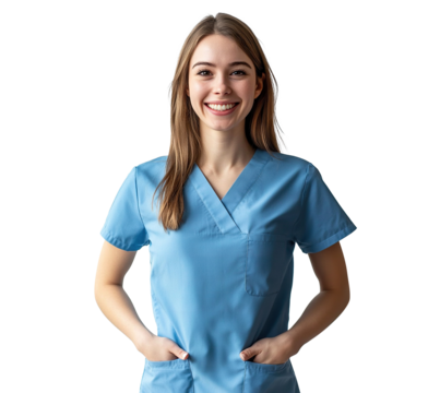 Smiling female nurse in blue medical uniform, isolated on transparent cutout background