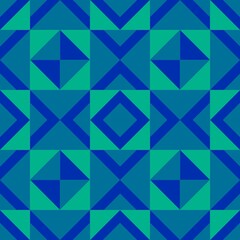 Fototapeta premium Seamless geometric pattern with blue and green tones, featuring symmetrical diamond and triangular shapes for a bold, modern design.