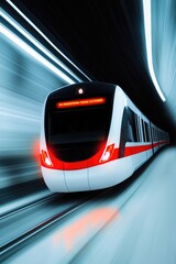 Obraz premium Sleek train speeds through futuristic tunnel, dynamic light stre