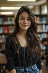 Smiling young woman in library with bookshelves in the background