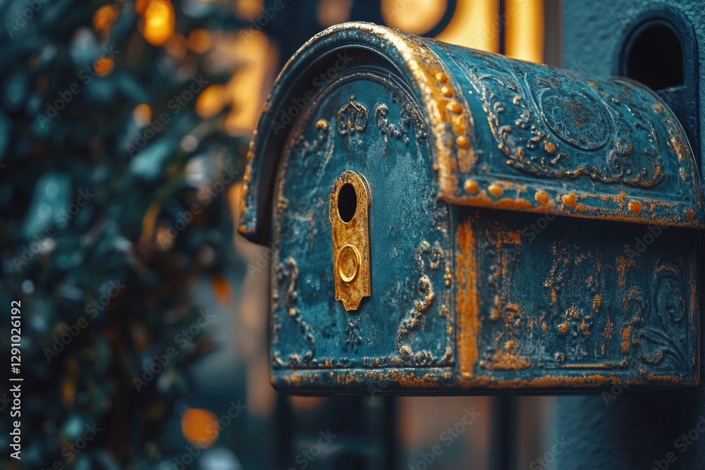 Poster a blue mailbox with a distinctive golden lock, perfect for use in scenes about communication, corres