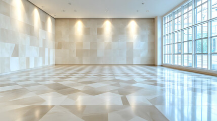 Empty modern office space, large window, city view, ideal for presentations