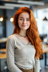 Confident young woman with red hair in modern office setting