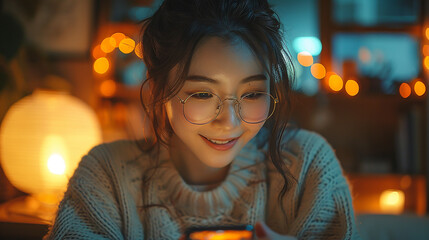 Happy young woman smiling while using her smartphone in a cozy creative workspace at night