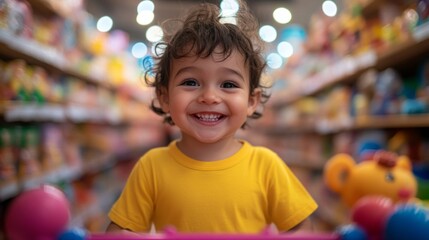 A cheerful mixed-race toddler with curly hair smiles widely while exploring a bright and colorful toy aisle. Surrounded by an array of fun toys, the little one radiates pure happiness