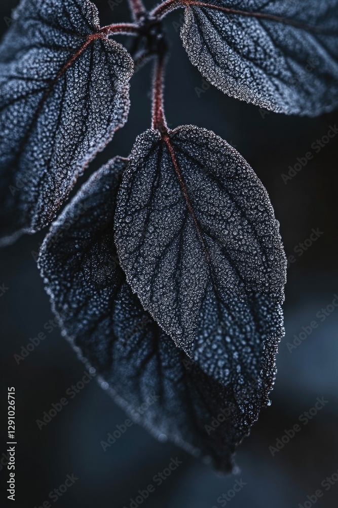 Poster a detailed view of a frozen leaf with frost covering its surface