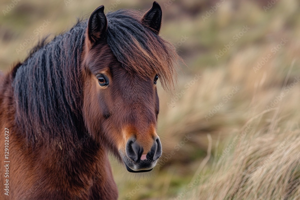 Poster a close-up photo of a horse grazing in a lush green field, perfect for use in equine-related context
