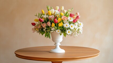 Naklejka premium Enchanting bouquet of fresh flowers elegantly arranged on a rustic wooden table enhancing a cozy atmosphere