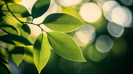 Close Up of Vibrant Green Leaves with Sunlight and Bokeh Background