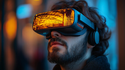 Immersive Virtual Reality: A person is completely engrossed in a virtual experience, wearing a cutting-edge VR headset, illuminated by an exciting digital world.