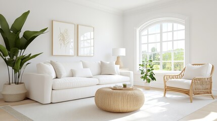 Naklejka premium Cozy Scandinavian-inspired living room featuring natural light and minimalist decor