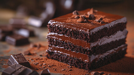 A rich chocolate cake with glossy ganache and cocoa