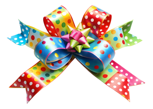 A colorful bow with polka dots and ribbons.