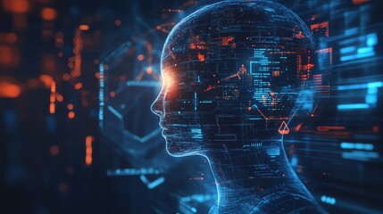 AI hologram interface with virtual assistant concept, digital artificial intelligence chat technology, futuristic machine learning communication, glowing interface