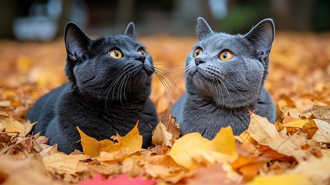 Two cats in autumn leaves