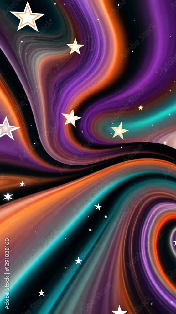 Poster a colorful swirl of purple, orange, and blue with stars in the middle. the stars are scattered throu