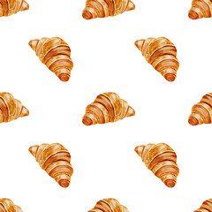Croissant watercolor pattern. Hand drawn fresh french bun. Food clip art. Ideal for printing packaging in bakery shops, table linens