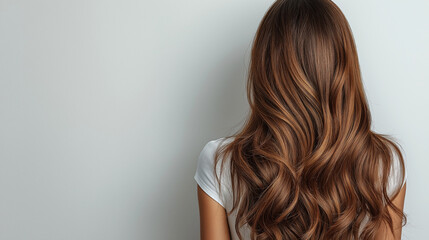 Fototapeta premium Embracing Elegance: A woman, viewed from behind, showcases a cascade of radiant, flowing brown hair, highlighting texture, volume, and the artistry of haircare.