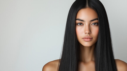 Naklejka premium Serene Beauty: A close-up portrait of a young woman with flawless complexion and sleek, black hair, exuding confidence and natural elegance.