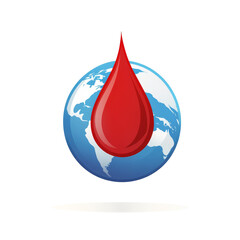 Obraz premium A vivid red droplet symbolizing water conservation above a blue globe representing Earth, Single red droplet and earth globe flat logo for blood health event isolated on transparent background