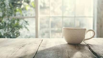 Morning sunlight filters through large windows, illuminating a minimalist space with a rustic wooden table and a simple ceramic cup, inviting tranquility