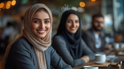 Smiling women in hijab, cafe business meeting