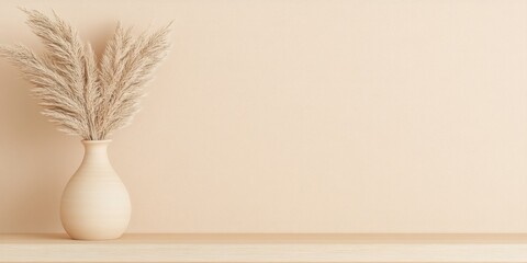A serene interior space showcases a neutral vase filled with dried plants, placed elegantly on a light wooden shelf against a soft beige wall