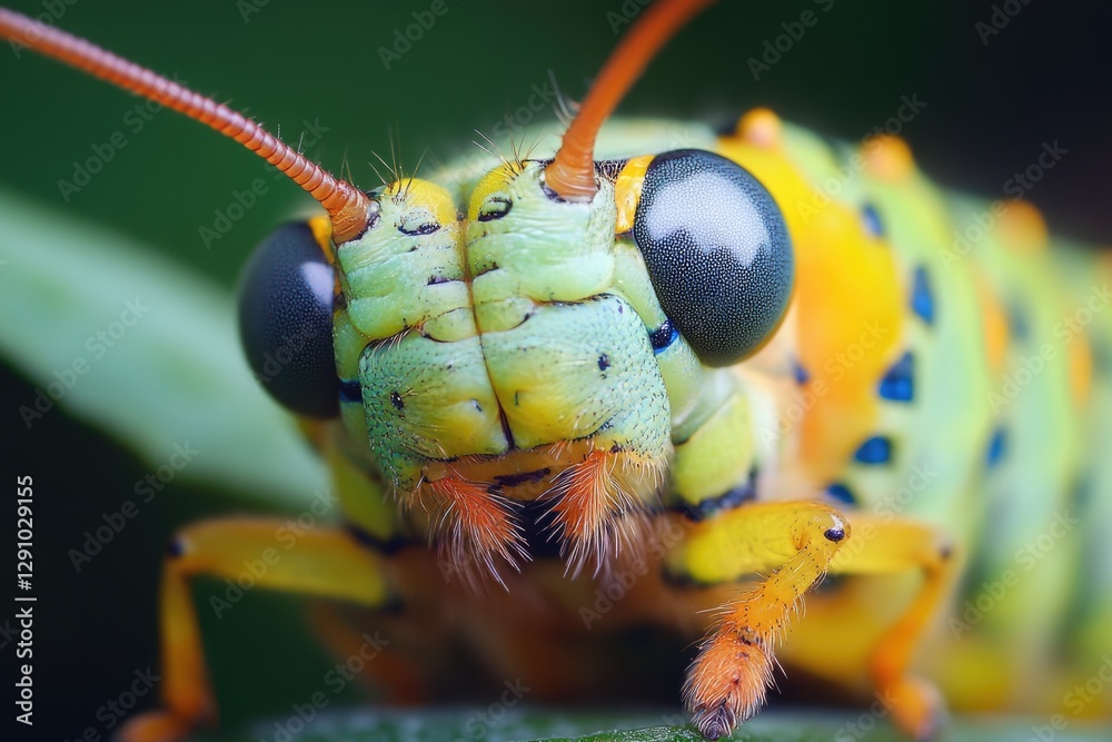 Poster Close-up shot of a grasshopper's face, featuring its distinctive features and colors