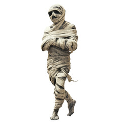 Fototapeta premium A terrifying ancient mummy wrapped tightly in bandages walking through an eerie landscape under a dark sky, scary mummy wrapped in bandages, file of isolated object with shadow on transparent