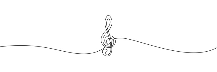 Simple continuous line drawing of a treble clef, symbolizing music, melody, creativity in a minimalist style. One line icon. Continuous line treble clef icon. Vector illustration.