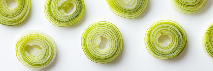 Sliced leeks with intricate concentric rings on a fresh white background